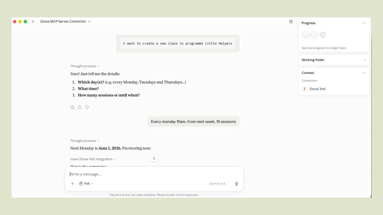 Creating a new class in Zooza via Claude AI conversation