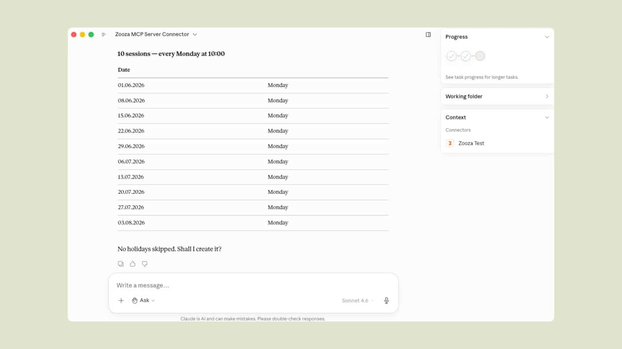 Schedule preview in Zooza — result of agentic AI class creation