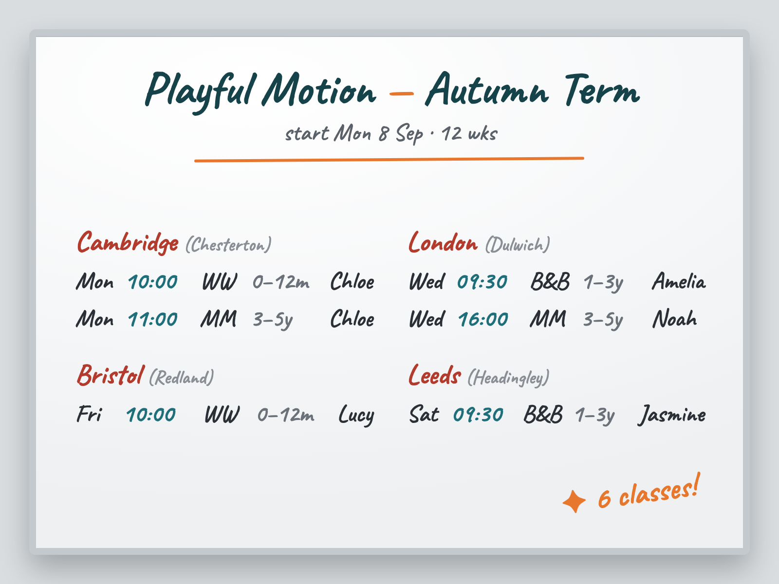 Handwritten Playful Motion autumn term schedule on a whiteboard — the photo uploaded to Zooza Assistant